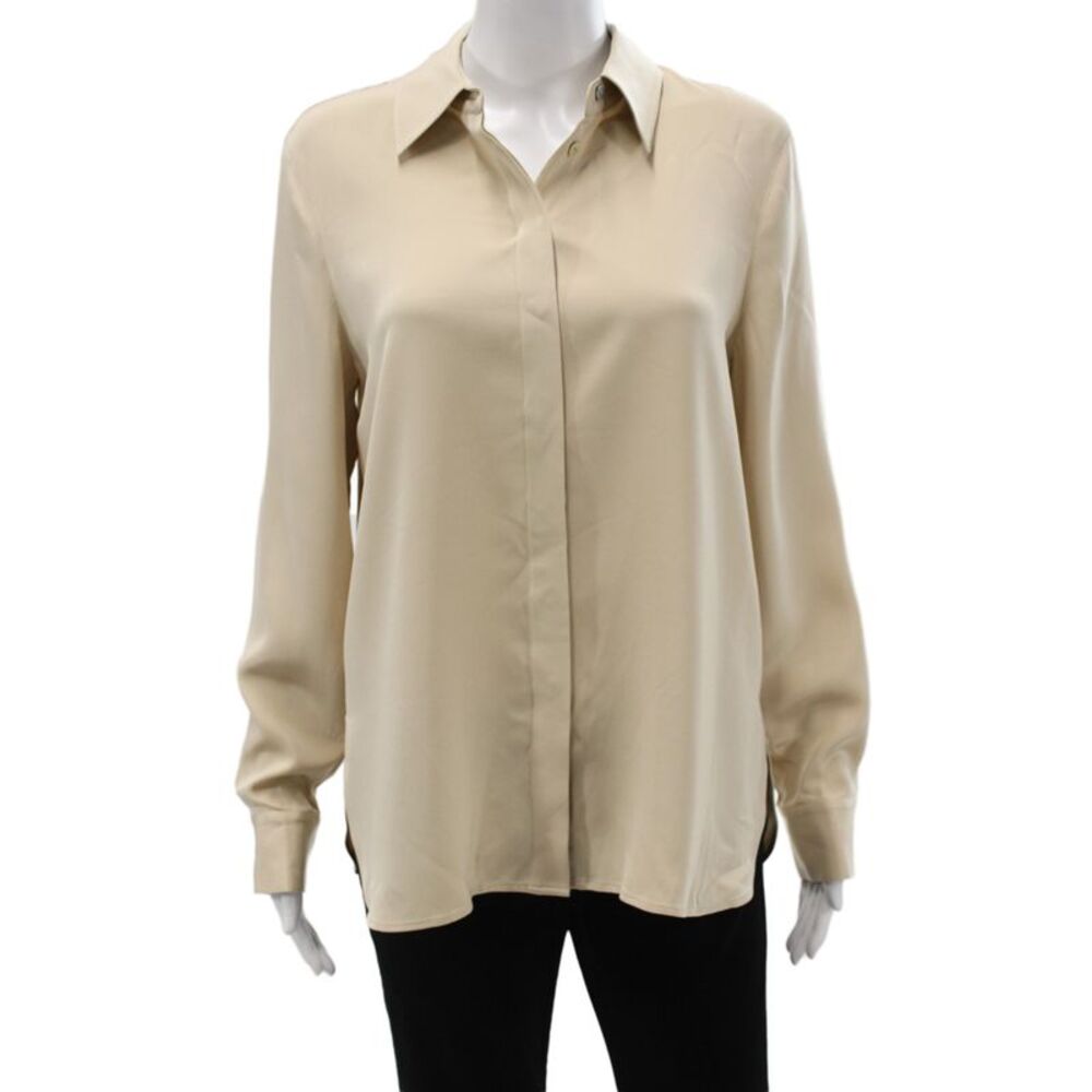 Lily Silk Women Collared Mulberry Silk Blouse Beige Button Long Sleeve Size M